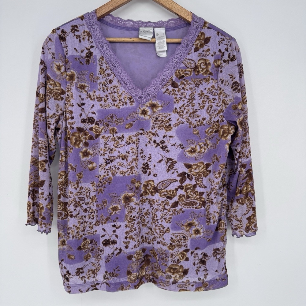Emma James Vintage Floral Top Purple Lace V-Neck Fairy Grunge Y2K‎ Boho Blouse L